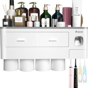 Wall-Mounted Toothbrush & Cup Organizer with Upside-Down Cup Design