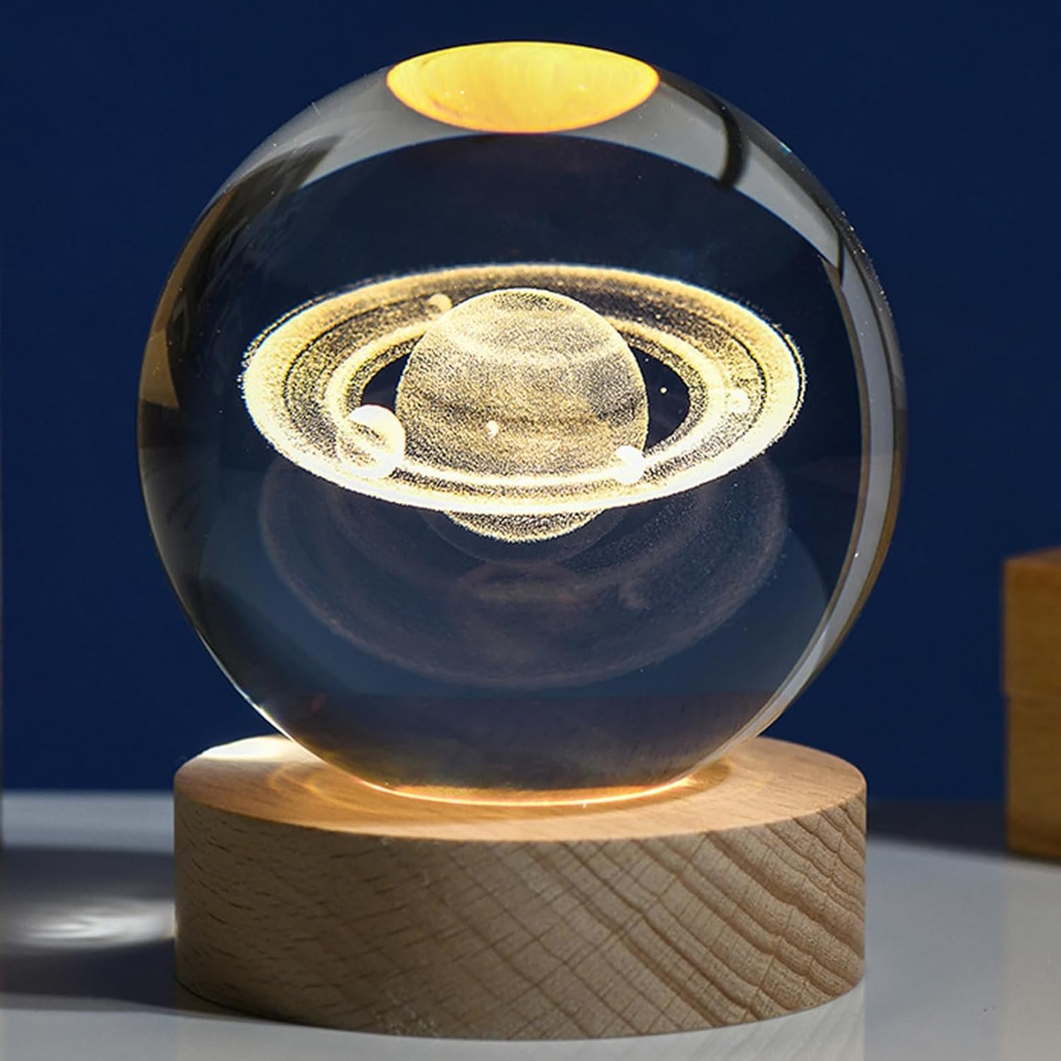 3D Saturn Crystal Ball LED Night Lamp with Wooden Base - Image 2