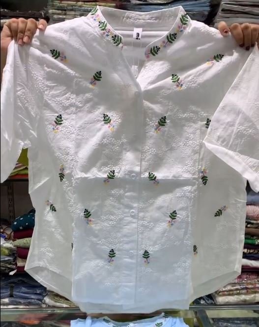 Women's Textured Pure Cotton Shirt with Floral Embroidery - Image 2
