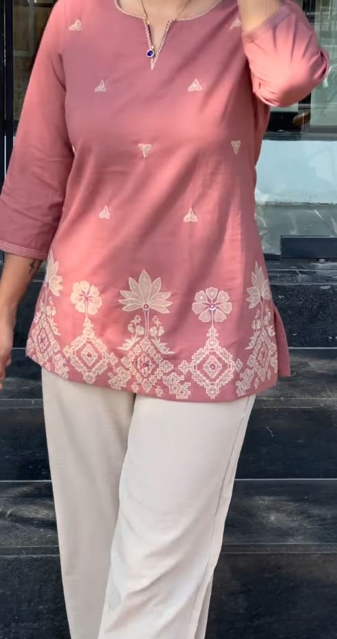 Women's Floral Embroidered Pure Cotton Tunic and Trouser Set - Image 2