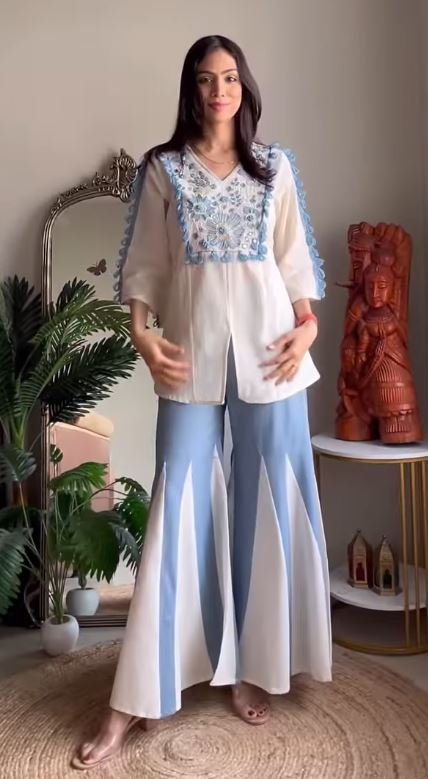 Pure Cotton V-Neck Tunic and Panelled Palazzo Co-ord Set - Image 2