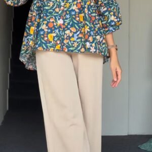 Floral Print Peplum Tunic and Wide-Leg Trouser Set