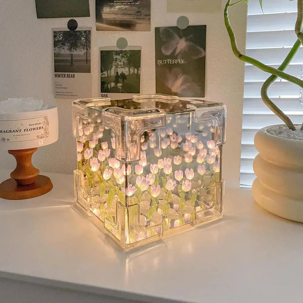 3D Tulip Crystal Cube Lamp – Decorative LED Night Light - Image 3