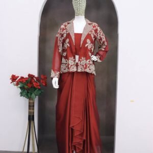 Wine Red Draped Skirt Set with Embroidered Jacket