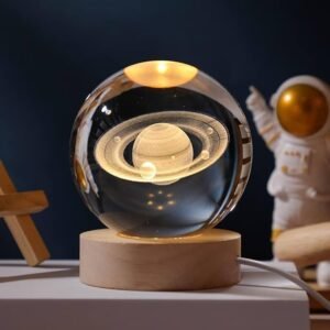 3D Saturn Crystal Ball LED Night Lamp with Wooden Base