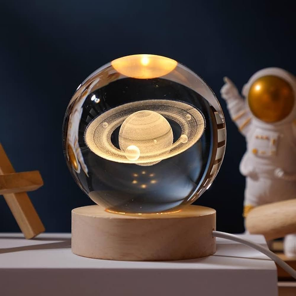 3D Saturn Crystal Ball LED Night Lamp with Wooden Base