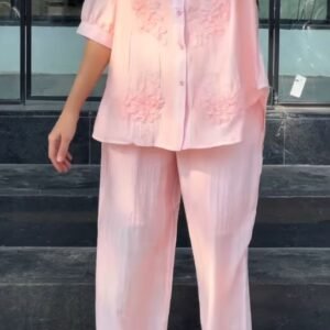 Blue Embroidered Linen Relaxed-Fit Shirt and Trousers Co-Ord Set