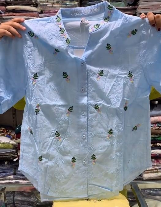 Women's Textured Pure Cotton Shirt with Floral Embroidery