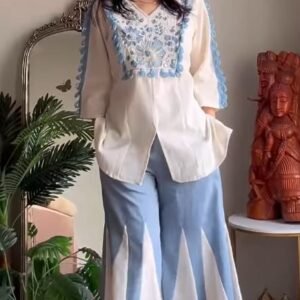 Pure Cotton V-Neck Tunic and Panelled Palazzo Co-ord Set