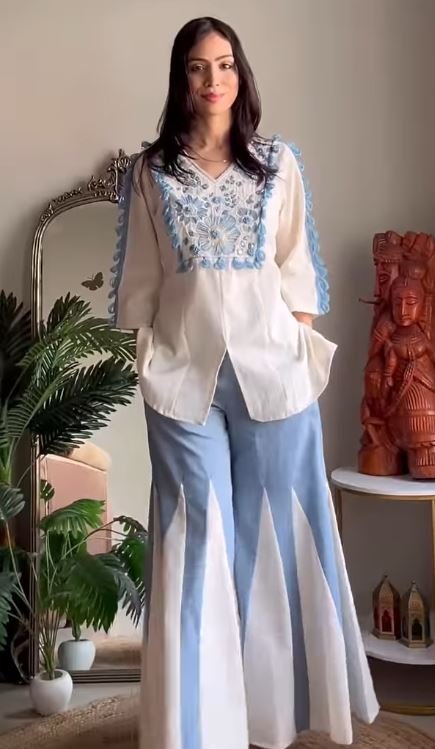 Pure Cotton V-Neck Tunic and Panelled Palazzo Co-ord Set