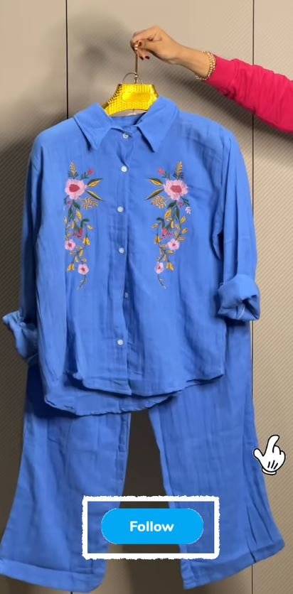 Women's Floral Embroidered Pure Mal Cotton Shirt and Trouser Co-ord Set - Image 2