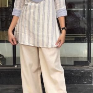 Subtle Elegance Ivory Striped Tunic and Straight-Leg Trousers Co-ord Set