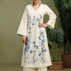 Cotton Floral Embroidered A-Line Kurta and Pant Set
