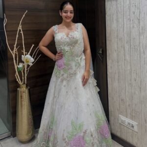 White Embroidered Net Gown with Pastel Floral Work