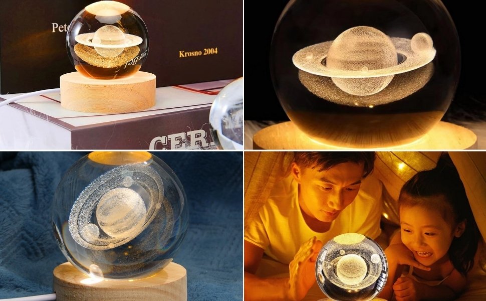 3D Saturn Crystal Ball LED Night Lamp with Wooden Base - Image 4