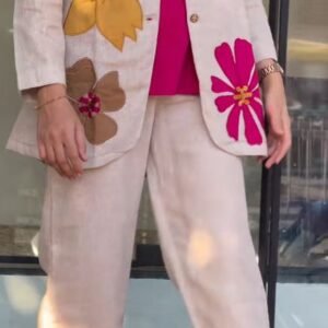 Floral Applique Jute Linen 3-Piece Co-ord Set