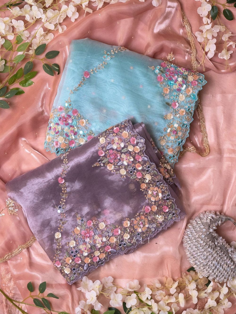 Lavender Charm Organza Saree with Zardozi Floral Embellishments - Image 2