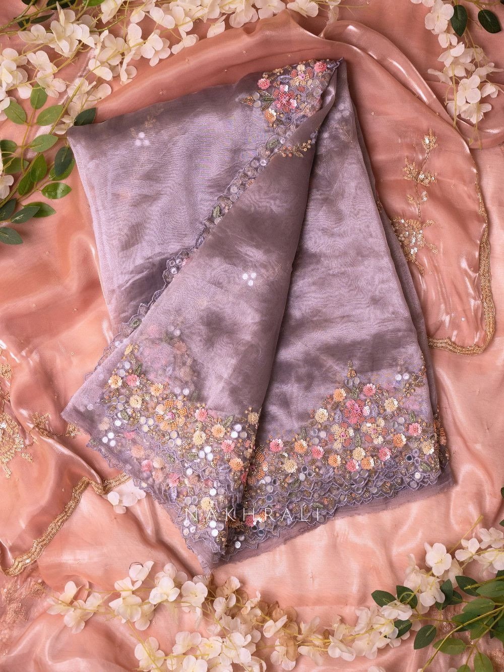 Lavender Charm Organza Saree with Zardozi Floral Embellishments - Image 3