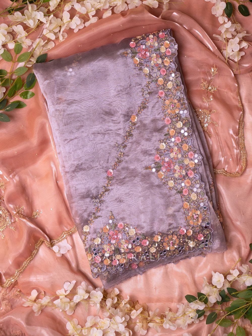 Lavender Charm Organza Saree with Zardozi Floral Embellishments