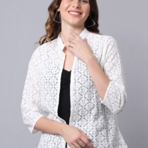 Women Off-White Self-Design Open-Front Cotton Shrug