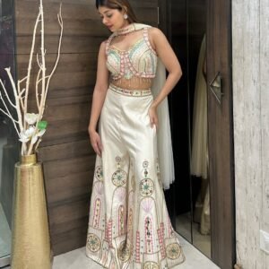 Ivory Embroidered Bustier & Sharara Set with Mirror and Pearl Detailing