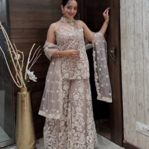 Embroidered Net Halter Kurti with Sharara & Dupatta Set