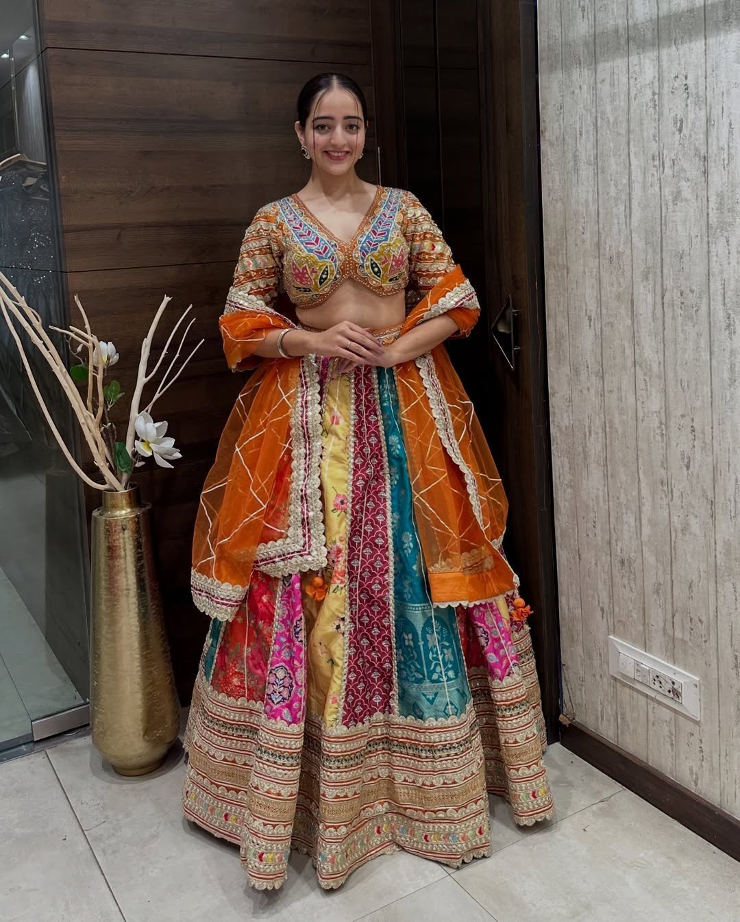 Multi-Panel Mirror Embroidered Lehenga Choli Set with Orange Net Dupatta