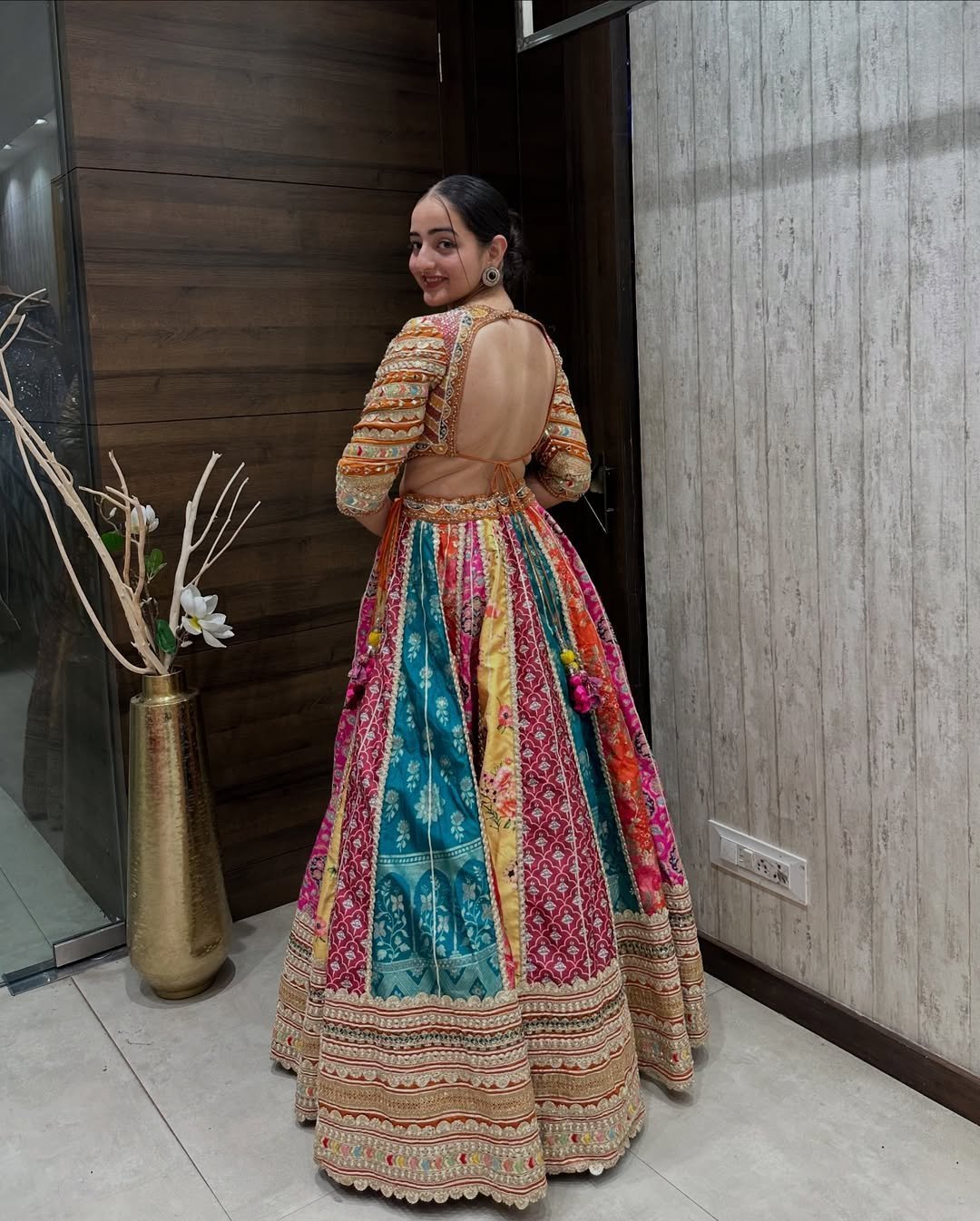 Multi-Panel Mirror Embroidered Lehenga Choli Set with Orange Net Dupatta - Image 2