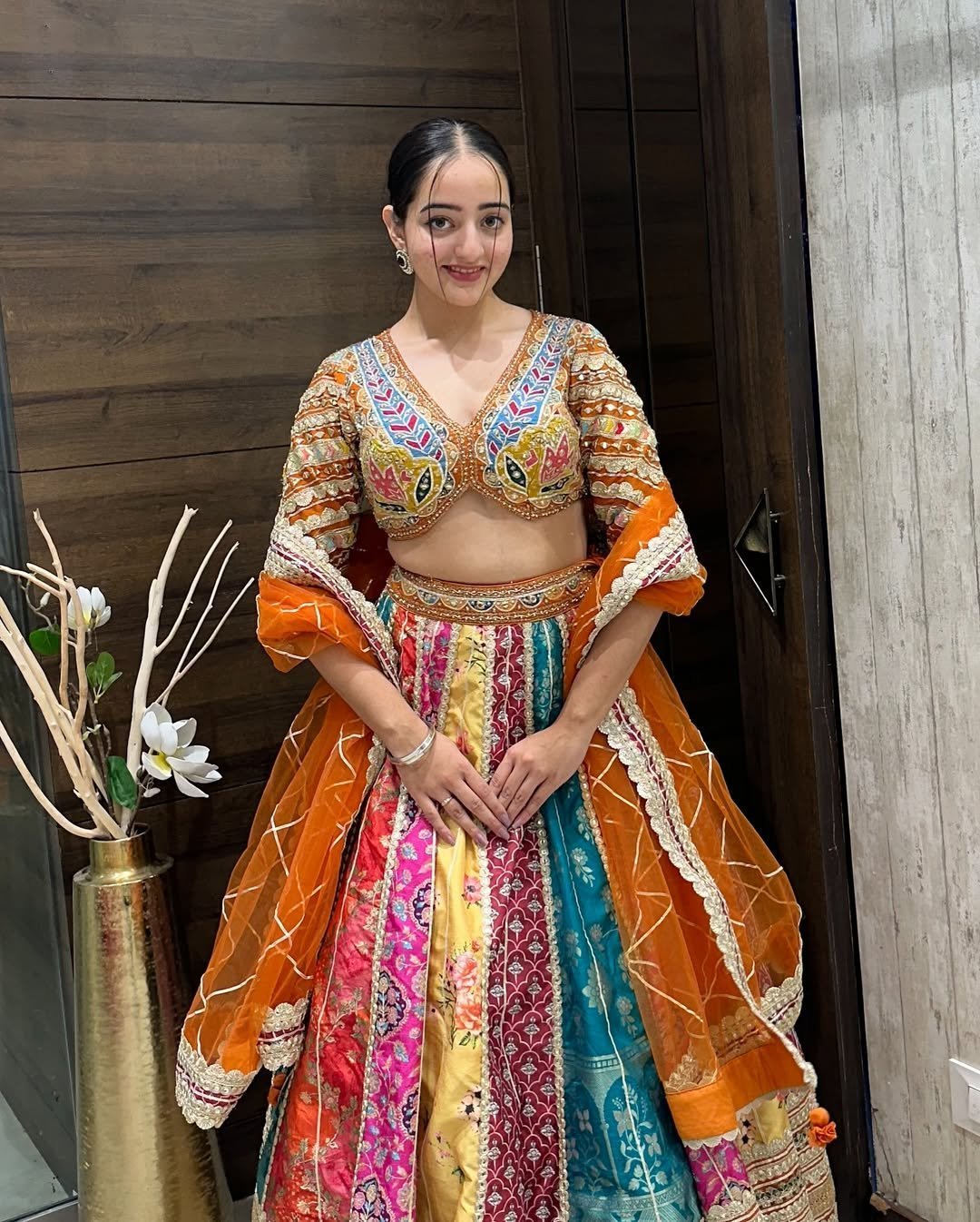 Multi-Panel Mirror Embroidered Lehenga Choli Set with Orange Net Dupatta - Image 4