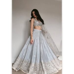 Silver Grey Sequins Embroidered Lehenga Choli with Net Dupatta