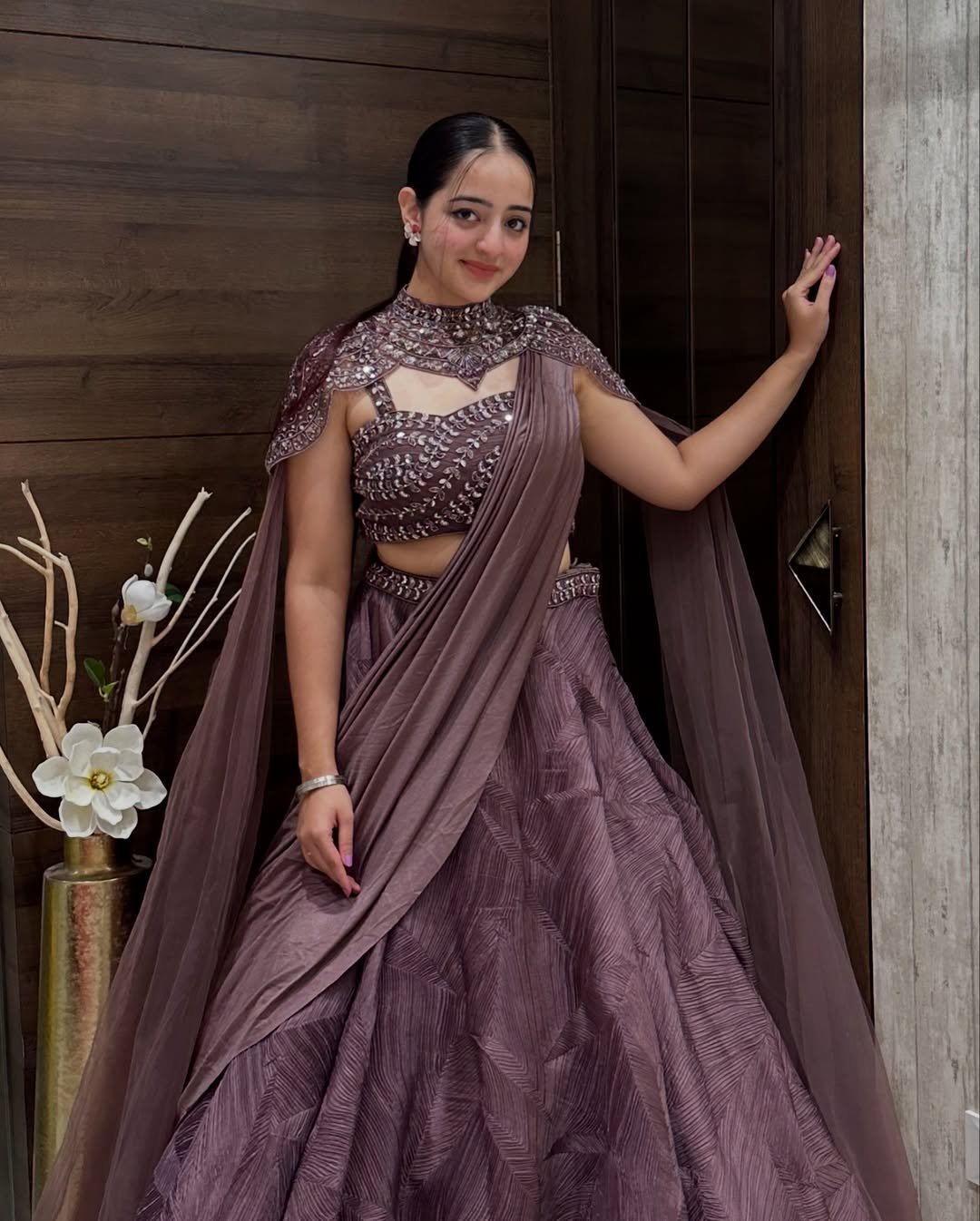 Embellished Mauve Designer Crop Top with Layered Lehenga and Cape Dupatta - Image 2