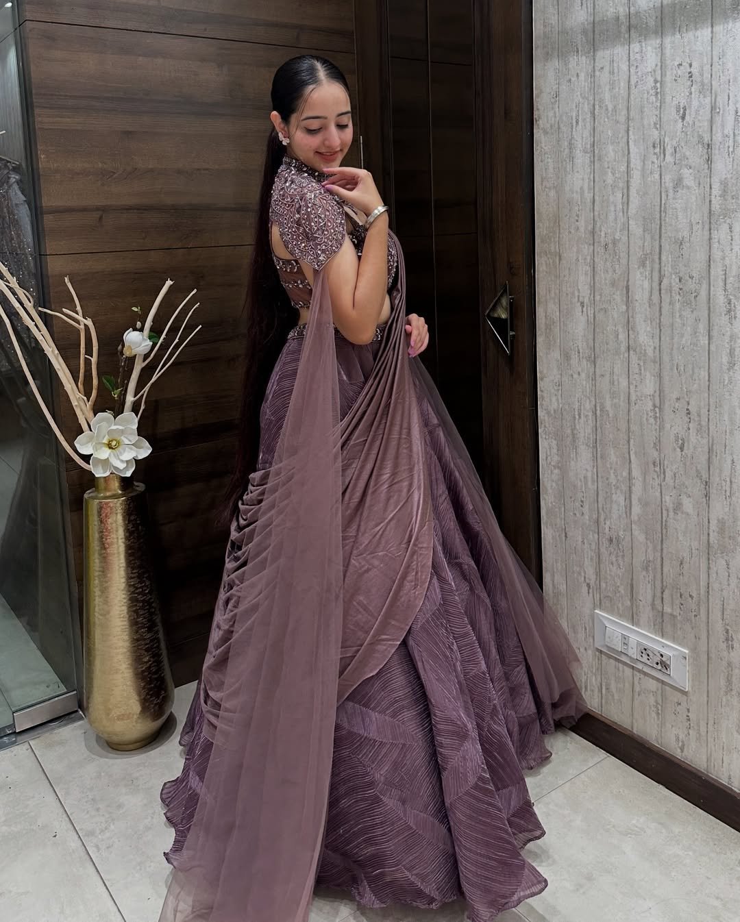 Embellished Mauve Designer Crop Top with Layered Lehenga and Cape Dupatta - Image 3