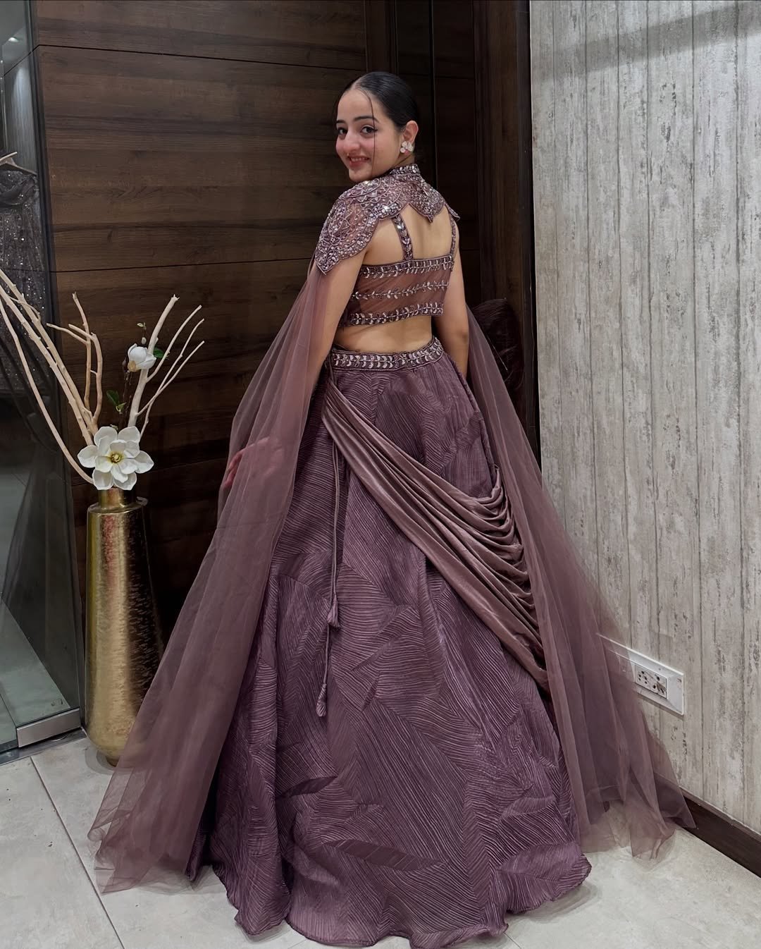 Embellished Mauve Designer Crop Top with Layered Lehenga and Cape Dupatta - Image 4