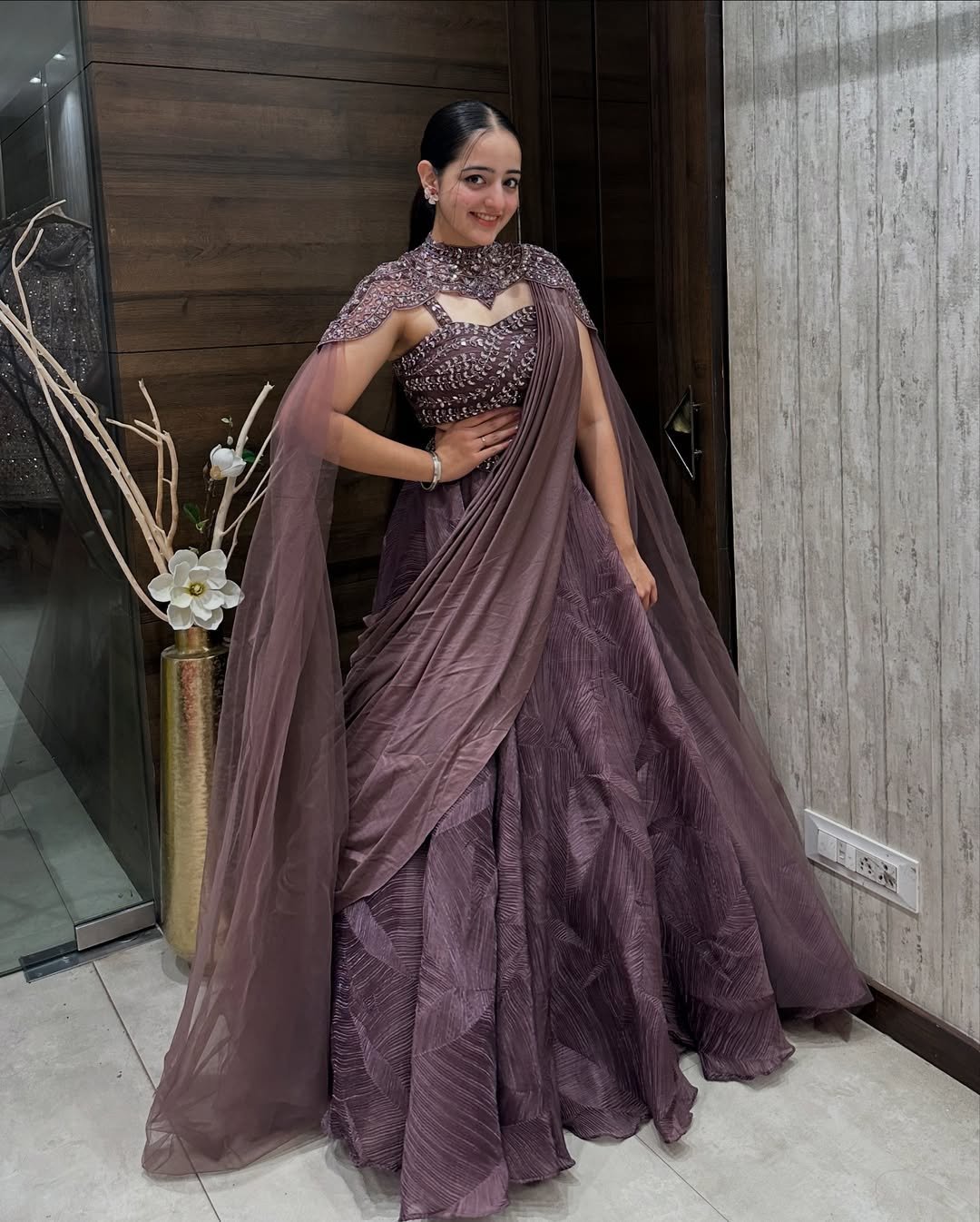 Embellished Mauve Designer Crop Top with Layered Lehenga and Cape Dupatta - Image 5