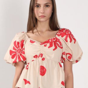 Women Floral Print Balloon Sleeve Peplum Top