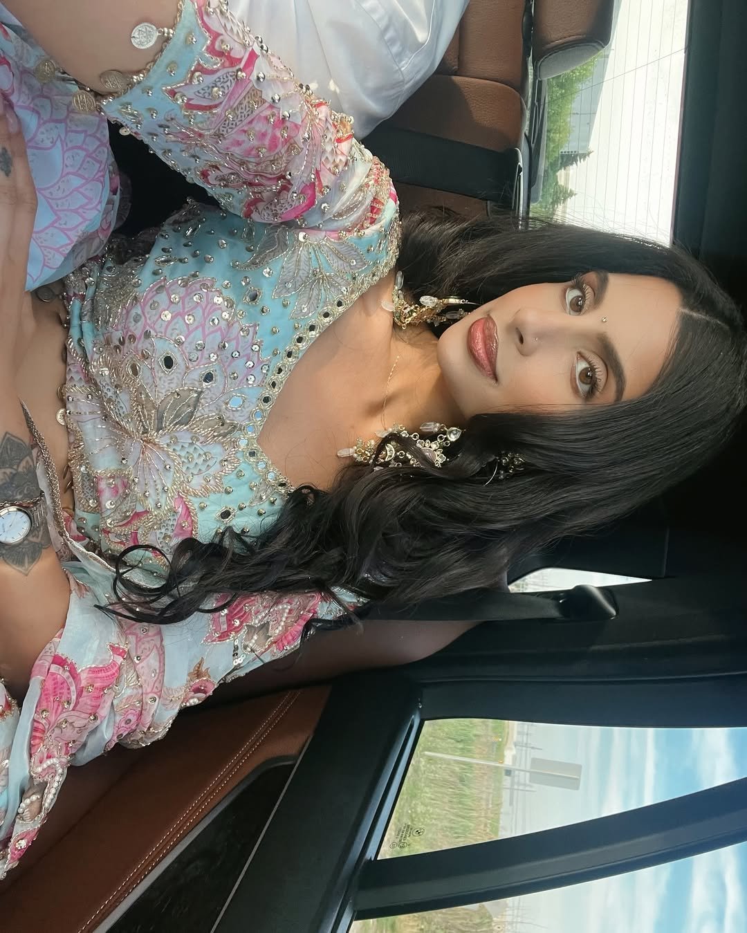 Pastel Blue & Pink Heavy Embroidered Butterfly Lehenga Set - Image 3