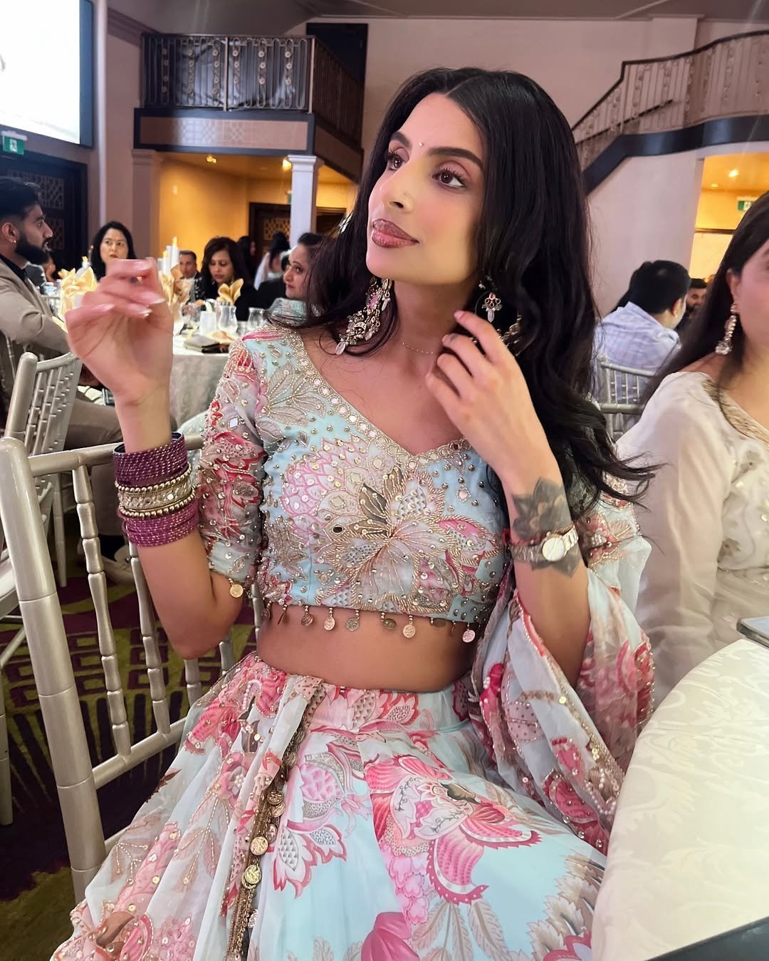 Pastel Blue & Pink Heavy Embroidered Butterfly Lehenga Set - Image 4