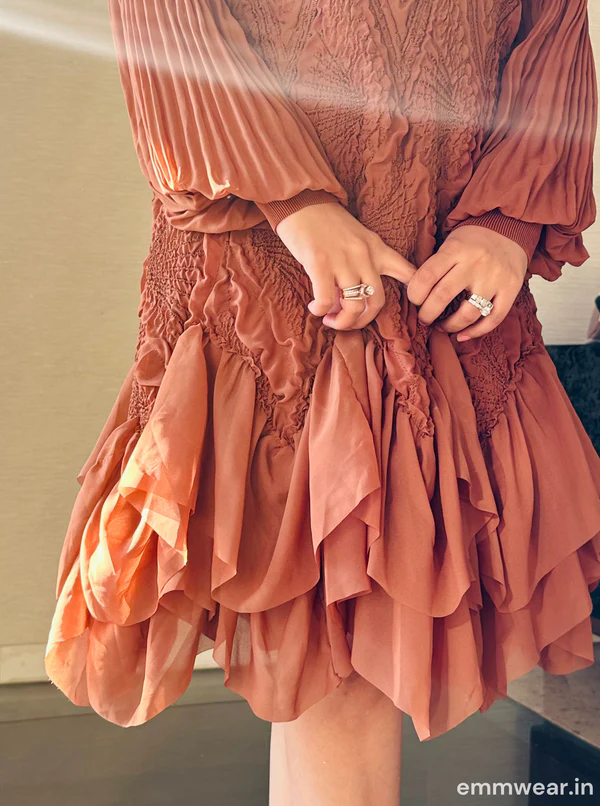 Rust Pleated Layered Short Dress with Embroidered Detailing - Image 4