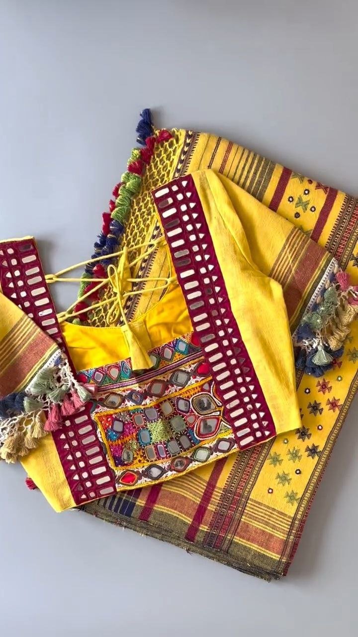 Bhujodi kala cotton saree with ready blouse with kutch embroidery