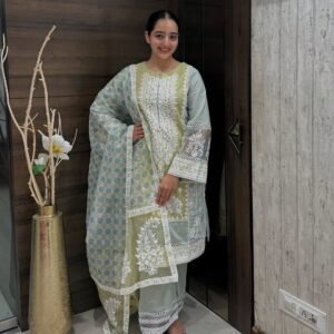 Pastel Green Embroidered Cotton Suit Set