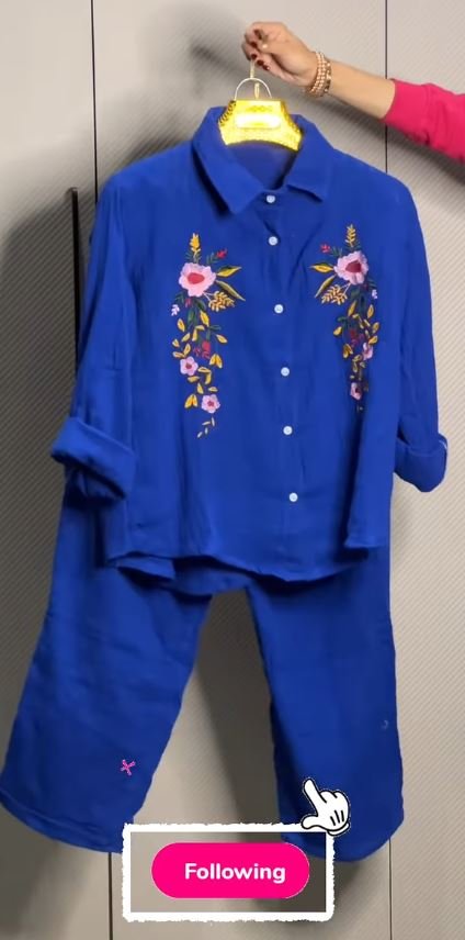 Women's Floral Embroidered Pure Mal Cotton Shirt and Trouser Co-ord Set - Image 7