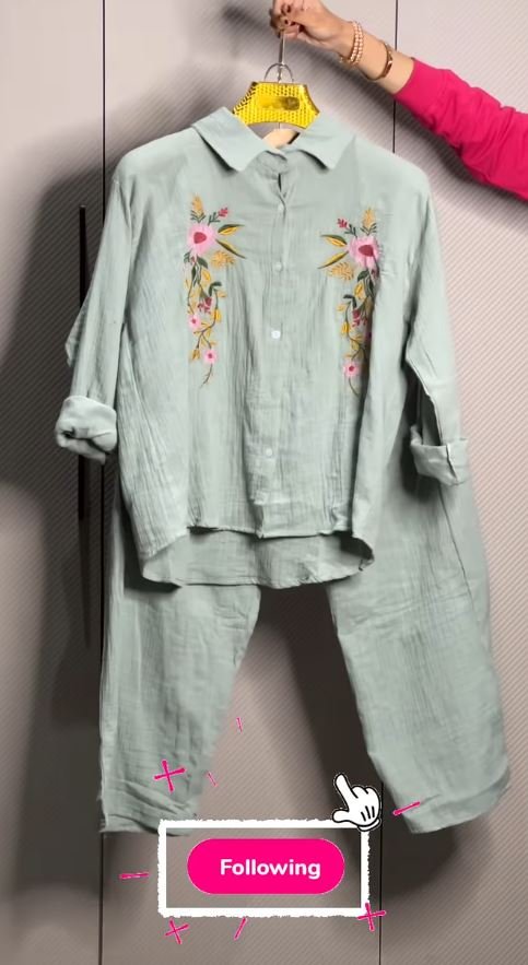 Women's Floral Embroidered Pure Mal Cotton Shirt and Trouser Co-ord Set - Image 9