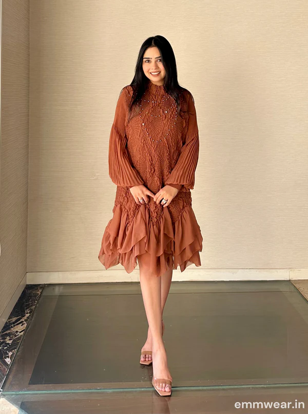 Rust Pleated Layered Short Dress with Embroidered Detailing - Image 2