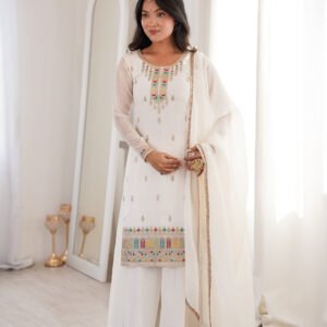 Pure White Crunchy Silk Heavily Embroidered Sharara Suit Set