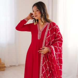 Red Anarkali Suit with Embroidered Border and Printed Dupatta