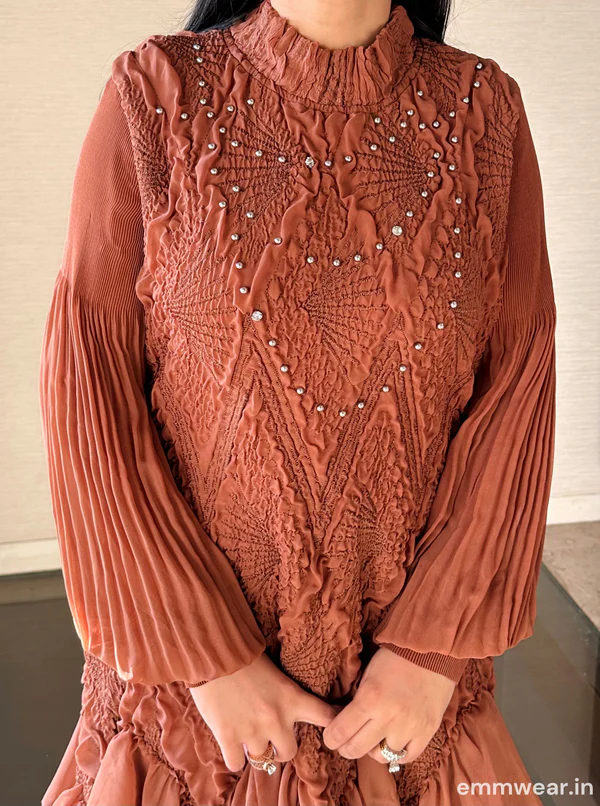 Rust Pleated Layered Short Dress with Embroidered Detailing - Image 3