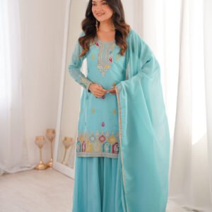 Turquoise Embroidered Kurta Set with Palazzo and Dupatta