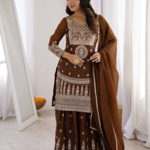 Delicate Brown Embroidered Crunchy Silk Sharara Suit