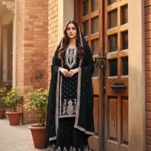 Black Embroidered Kurta Sharara Set with Elegant Dupatta
