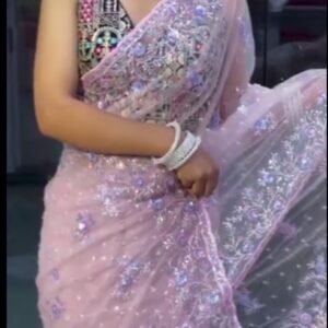 Baby Pink Floral Embroidered Net Saree with Designer Blouse